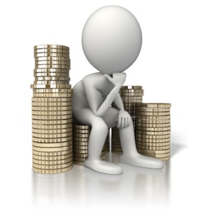A 3D stick figure sits thinking on a pile of cash.  A concept of indecision or thinking on an investment.