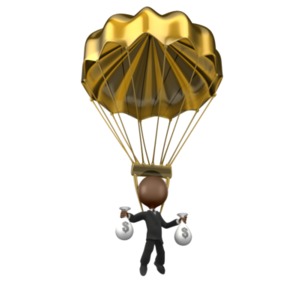 A 3D figure wearing a golden parachute.  A concept of a contract stipulation that awards a significant benefit if a contract is terminated under certain conditions.