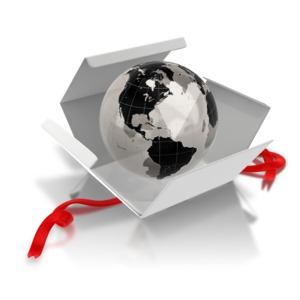 An image of the earth inside of an opened cardboard box.