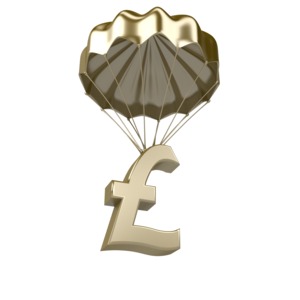 A concept of a golden parachute with a British pound, a stipulation in a contract that awards a significant benefit if the contract is terminated.