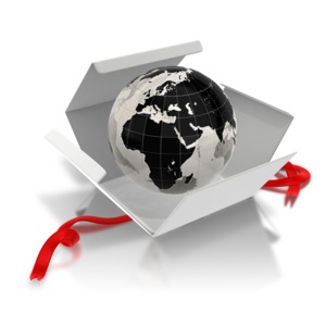 An image of the earth (far east) inside of an opened cardboard box.