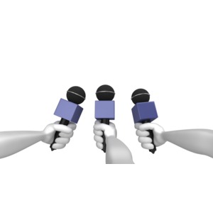 This clip art shows three stick figure arms holding press microphones.
