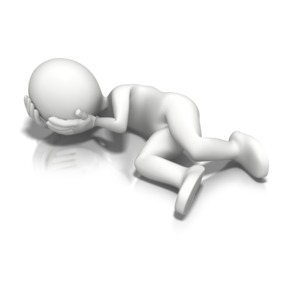 An image of a stick figure on the ground covering face.