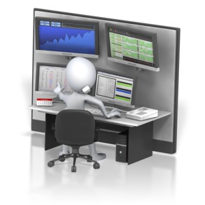 This clip art image shows a stick figure trader analyzing the stock market.
