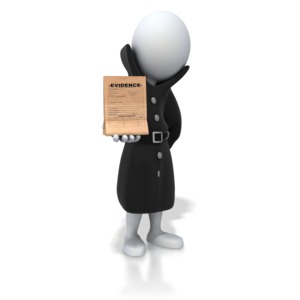 This clip art image shows a detective stick figure holding an evidence bag.