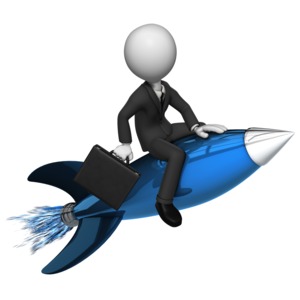A businessman with a briefcase rides a rocket. This clip-art can represent someones sales skyrocketing.