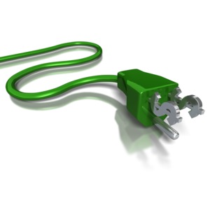 A green power cord with dollar-symbol plugs. This clip-art can represent saving energy.