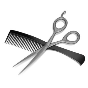 This clip art shows a pair of scissors laying on top of a comb.