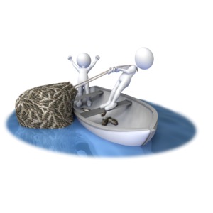 This clip art shows a two stick figures on a small boat with one hauling in a net full of fish and the other celebrating with arms raised in the air.