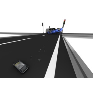This clip art shows a vehicle accident where one car is flipped over and and a cell phone is lying on the ground smashed up with texting open on the screen.