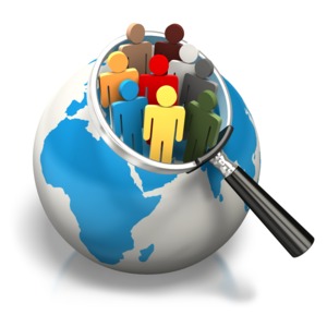 An image of the world with a magnifying glass looking in close at people in Africa and Europe.