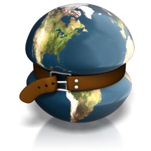 The world getting squeezed by the tightening of a belt. This clip-art can represent a word-wide effort to conserve.