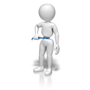 A stick figure tightens his belt to an extreme. This clip-art can represent someone losing weight or saving money.
