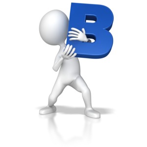 A stick figure holding the letter B.