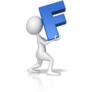 A stick figure holding up the letter F.