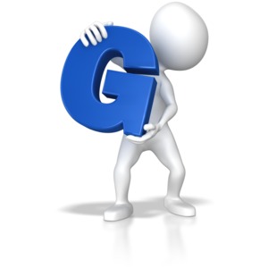A stick figure holding up the letter G.