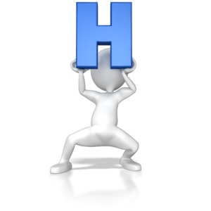 A stick figure holding up the letter H.