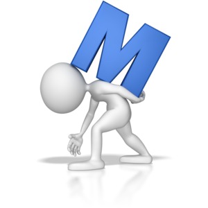 A stick figure holding the letter M on his back.