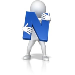 A stick figure holding up the letter N