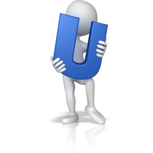 A stick figure holding up the letter U