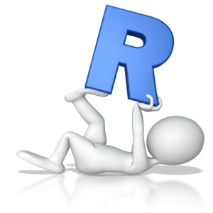 A stick figure holds the letter R while lying on its back.