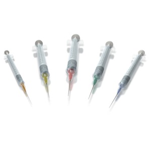 This clip art image shows a assortment of medical syringes lined up.