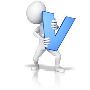 A stick figure holds the letter V