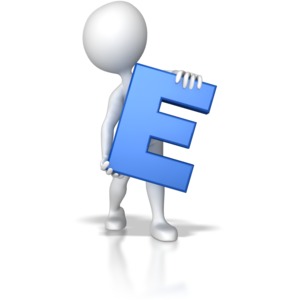 A stick figure holds the letter E.