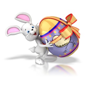 A rabbit carries a large colored Easter egg.