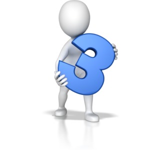 A stick figure holding up a blue number three