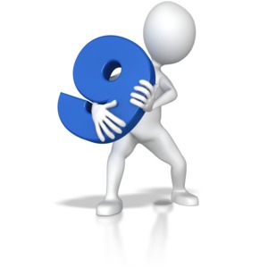 A stick figure holding on to a blue number nine