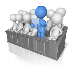 A juror foreman/forewoman reads verdict from jury box.