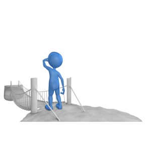 A stick figure looks across a rope bridge spanning between to cliff edges.