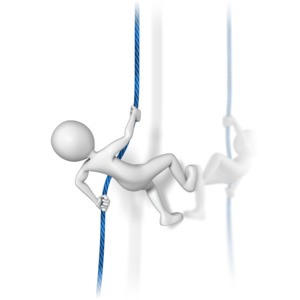 A stick figures uses a rope to rappel down a wall.