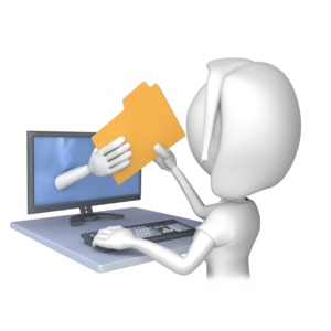 An image of a file being transferred or downloaded from a computer.  An arm extending from a computer monitor hands a file folder to the computer user.