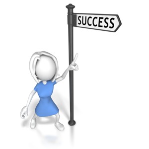 An image of a woman pointing to a street sign named success.