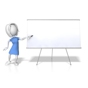 An image of a woman holding a pen pointing at a blank board.  The dry erase board is blank and has room to add your own text. 