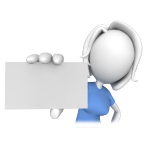 An image of a woman holding out a blank business card.  There is room for you to add your own text to the business card
