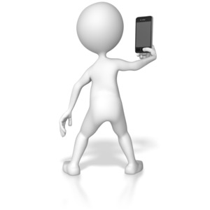 A stick figure takes a photo with a smartphone camera.