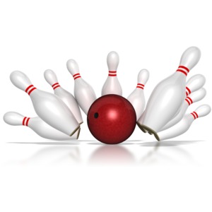 In this clipart piece a bowling ball is shown knocking down all the pins.