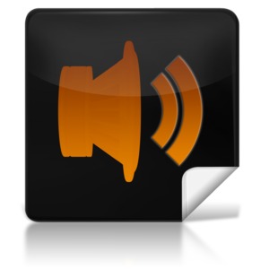 This clip art image shows a black icon with a speaker producing sound symbol on it.