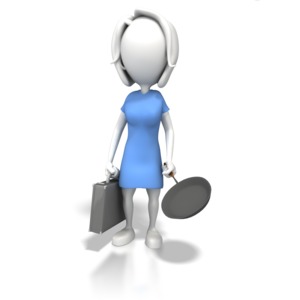 In this clipart piece a woman is shown holding both a brief case and a frying pan.