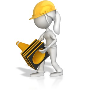 A woman is shown picking up construction cones.