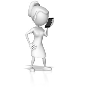 A woman stands in place and talks on her smart phone.