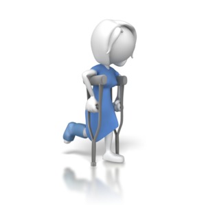 In this clipart a woman with a cast uses a pair of crutches.  This clipart graphic could be used in presentations pertaining to medical, sports medicine and education.