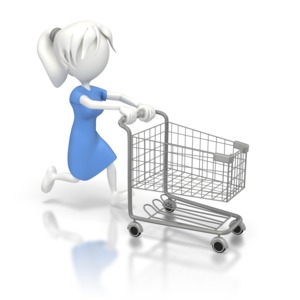 In this piece of clipart a woman is shown running with a shopping cart in front of her.
