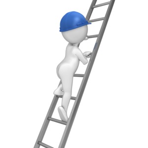 A stick figure climbs a ladder. This clip-art can represent a business person climbing the corporate ladder.