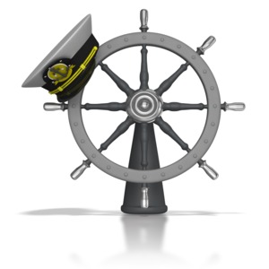 This clip art image shows a helm with a captains hat hanging from a handle.