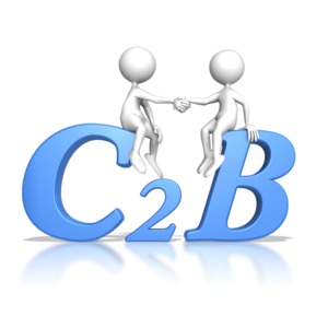 This clip art image shows two stick figure sitting on the the abbreviation of Customer to Business shaking hands.
