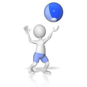 A stick figure is shown serving a beach ball.